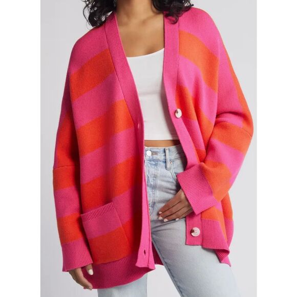 NWOT Dressed in Lala Love You Sorbet Stripe Cardigan L XL Pink Orange - Picture 1 of 11